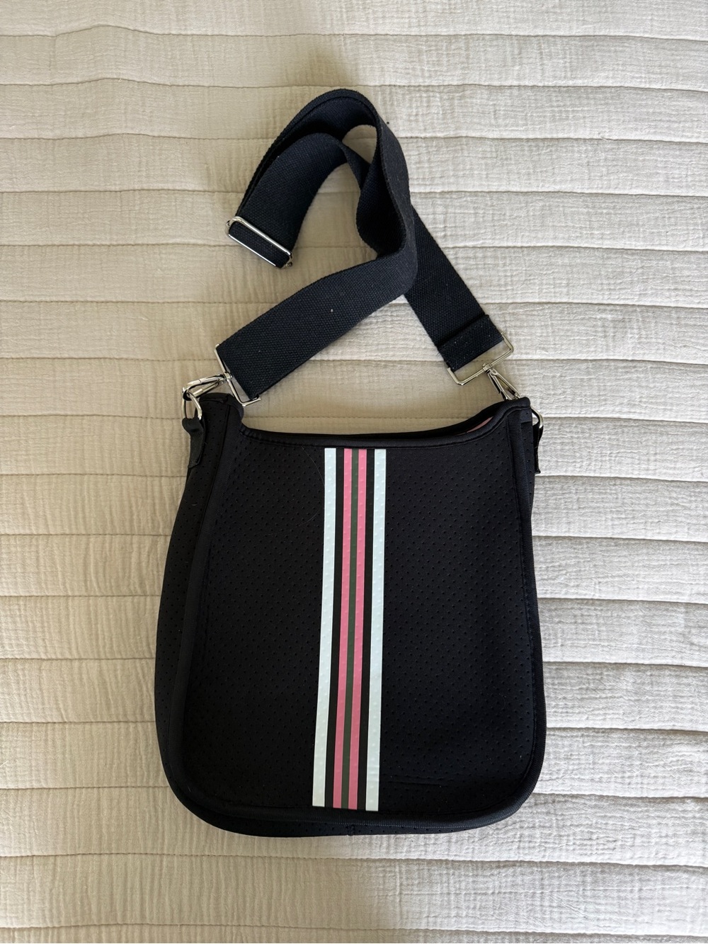Black Messenger Bag with Pink & White Center Stripes - Picture 1 of 5